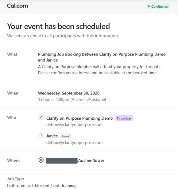 Calendar email confirming the same booking: what, when, who, where and job type